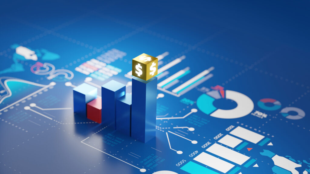 Bar chart money growth on blue screen business investment graph background, 3d rendering
