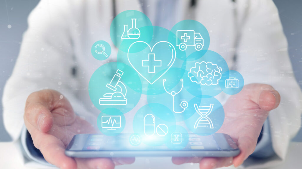 View of a Businessman holding Medical icon and connection 3d rendering