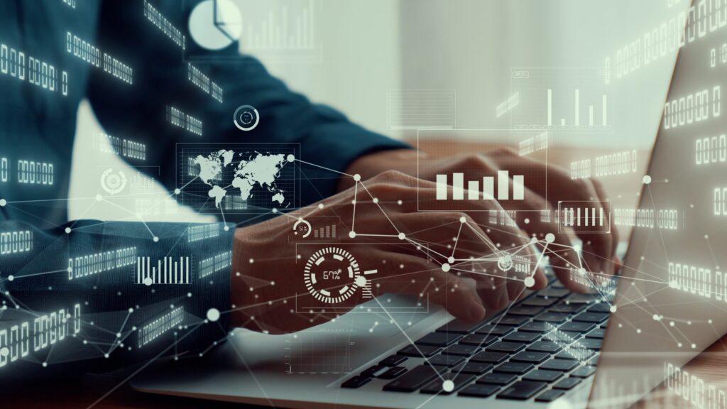 Businessman uses capable laptop computer to analyze business data analytic