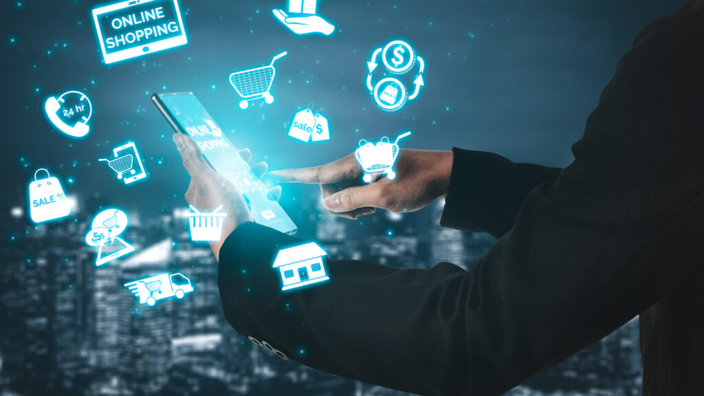 Online shopping and Internet Money Payment Transaction Technology. Modern graphic interface showing e-commerce retail store for customer to purchase product on the website and pay by online transfer.