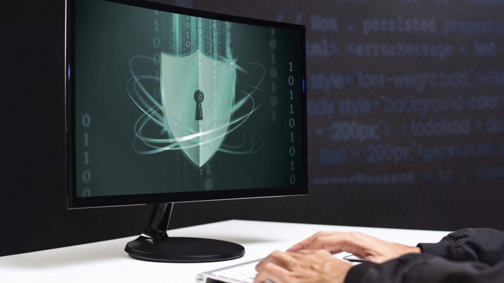 Hacker cracking the binary code data security