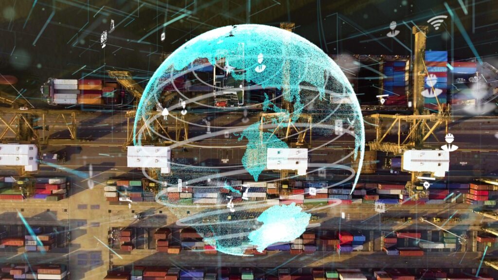 Shipping harbor aerial view with graphic of network technology modernization showing concept of smart digital autonomous technology to control goods import and export stocks calculations .