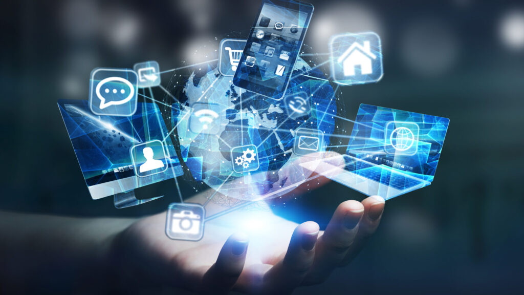 Businesswoman connected tech devices and icons applications to a digital planet earth