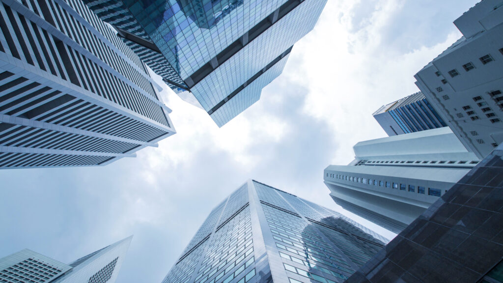 View of modern business skyscrapers glass and sky view landscape of commercial building in central city
